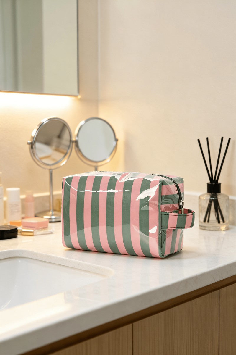 Stripe Waterproof Cosmetic Bag - Pink + Green