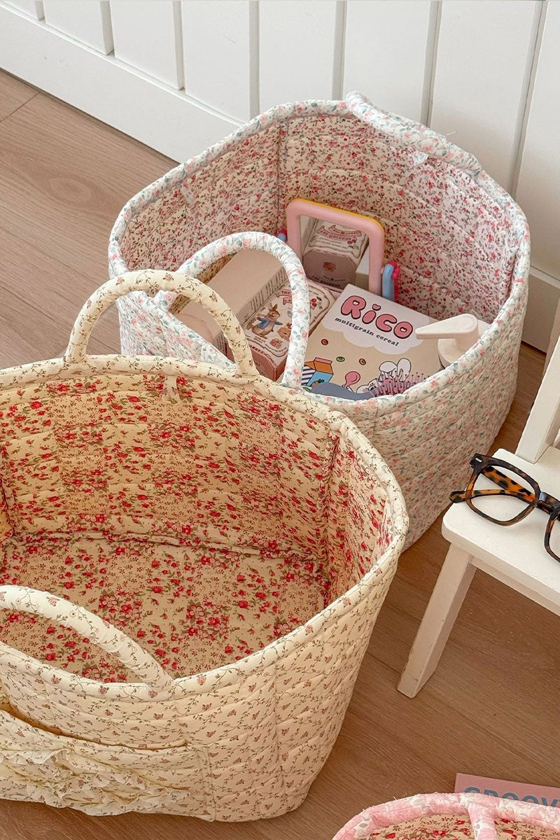 Quilted Floral Storage Basket Tote - White Floral