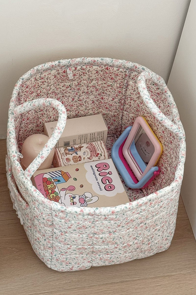 Quilted Floral Storage Basket Tote - White Floral