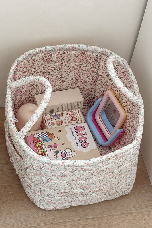 Quilted Floral Storage Basket Tote - White Floral