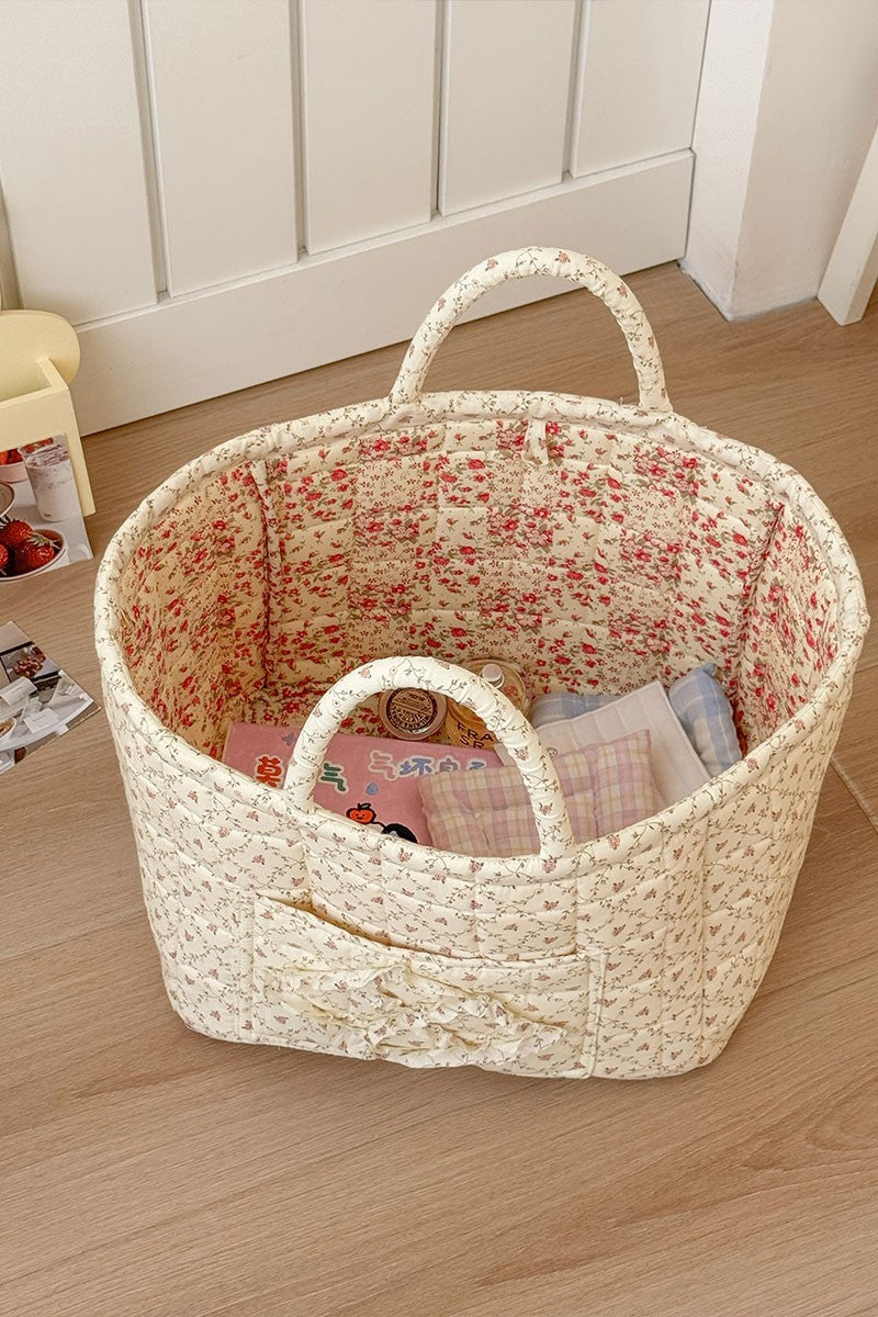 Quilted Floral Storage Basket Tote - White Floral