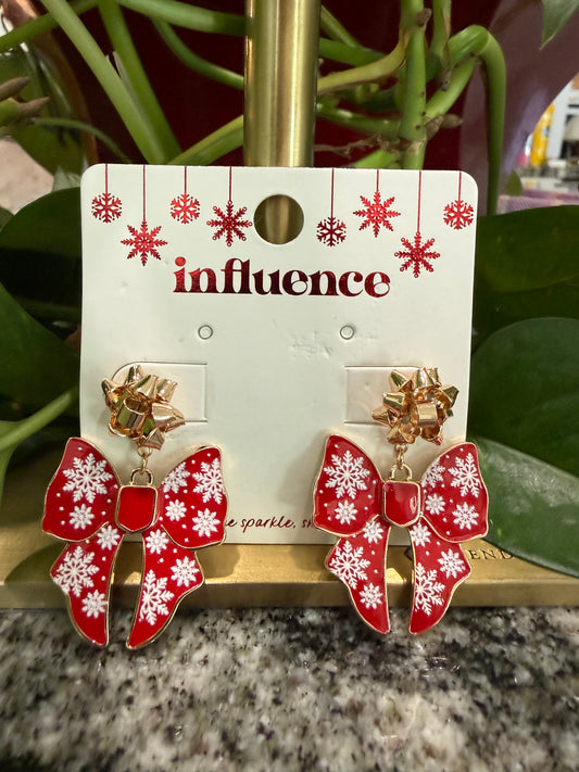 Gold Bow Stud with Red and White Bow Earring