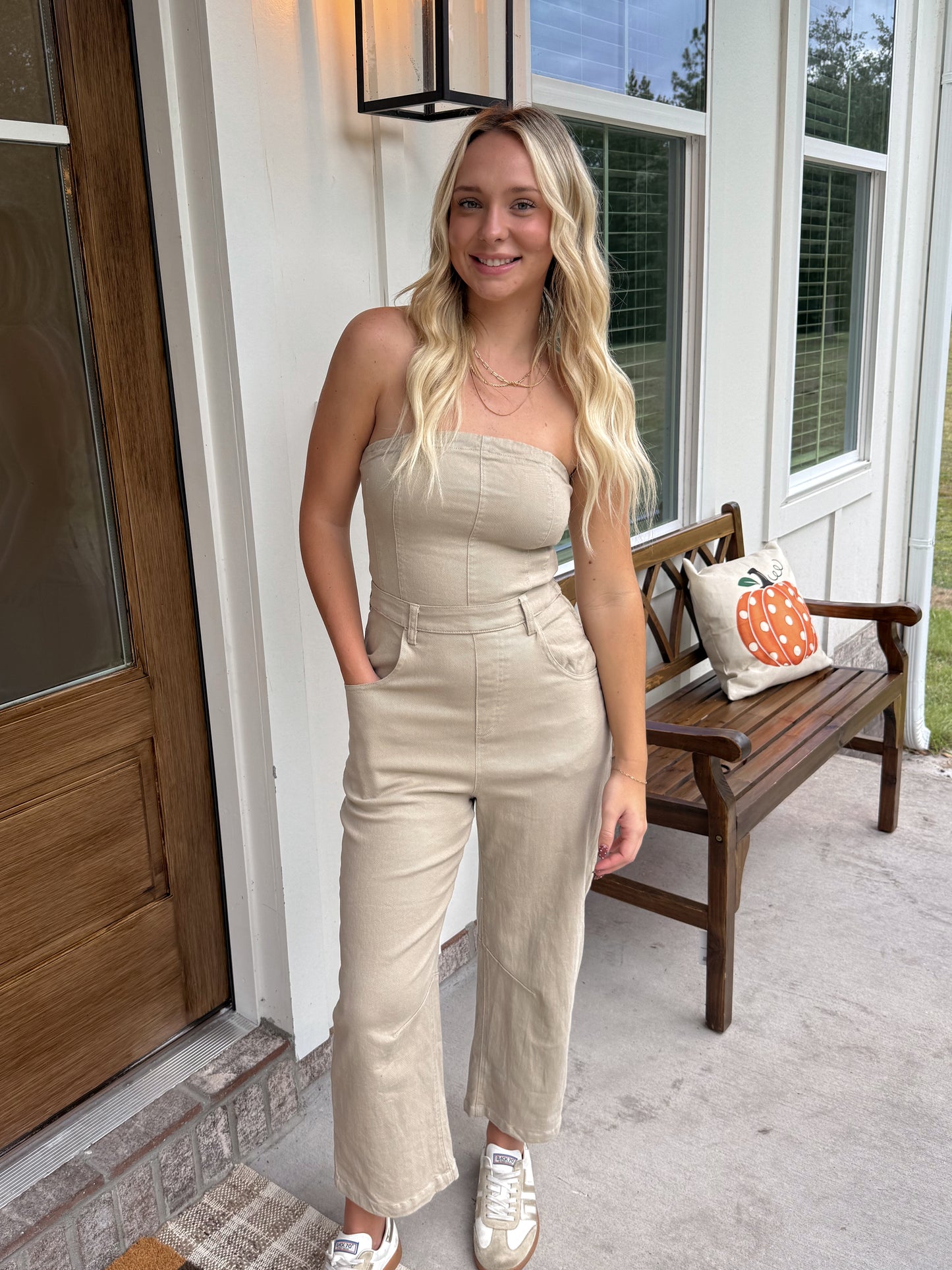 Beige Denim Barrel Jumpsuit