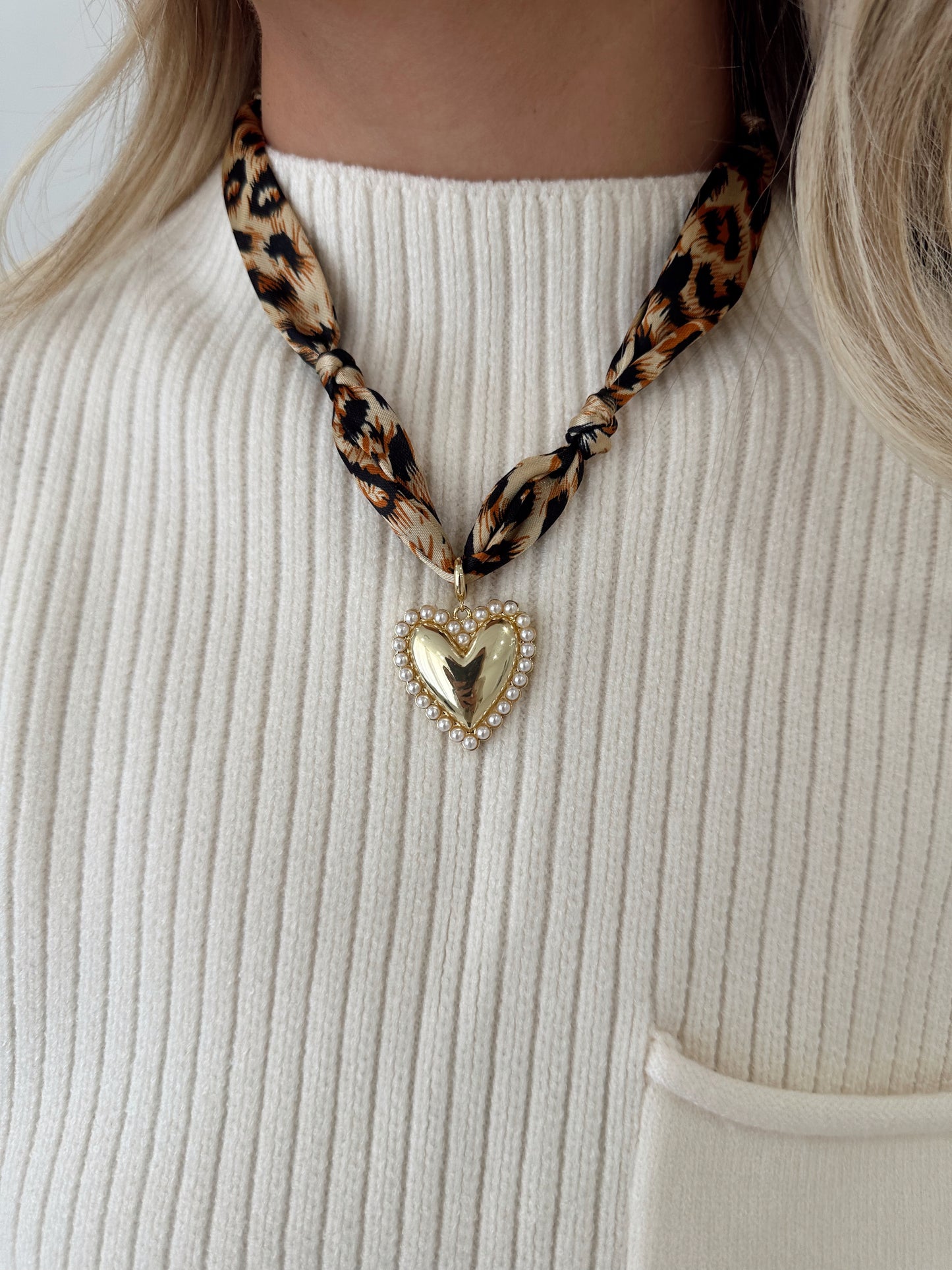 Cheetah Print Knotted Scarf Necklace with Pearl and Gold Heart Charm