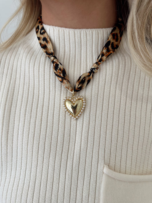 Cheetah Print Knotted Scarf Necklace with Pearl and Gold Heart Charm
