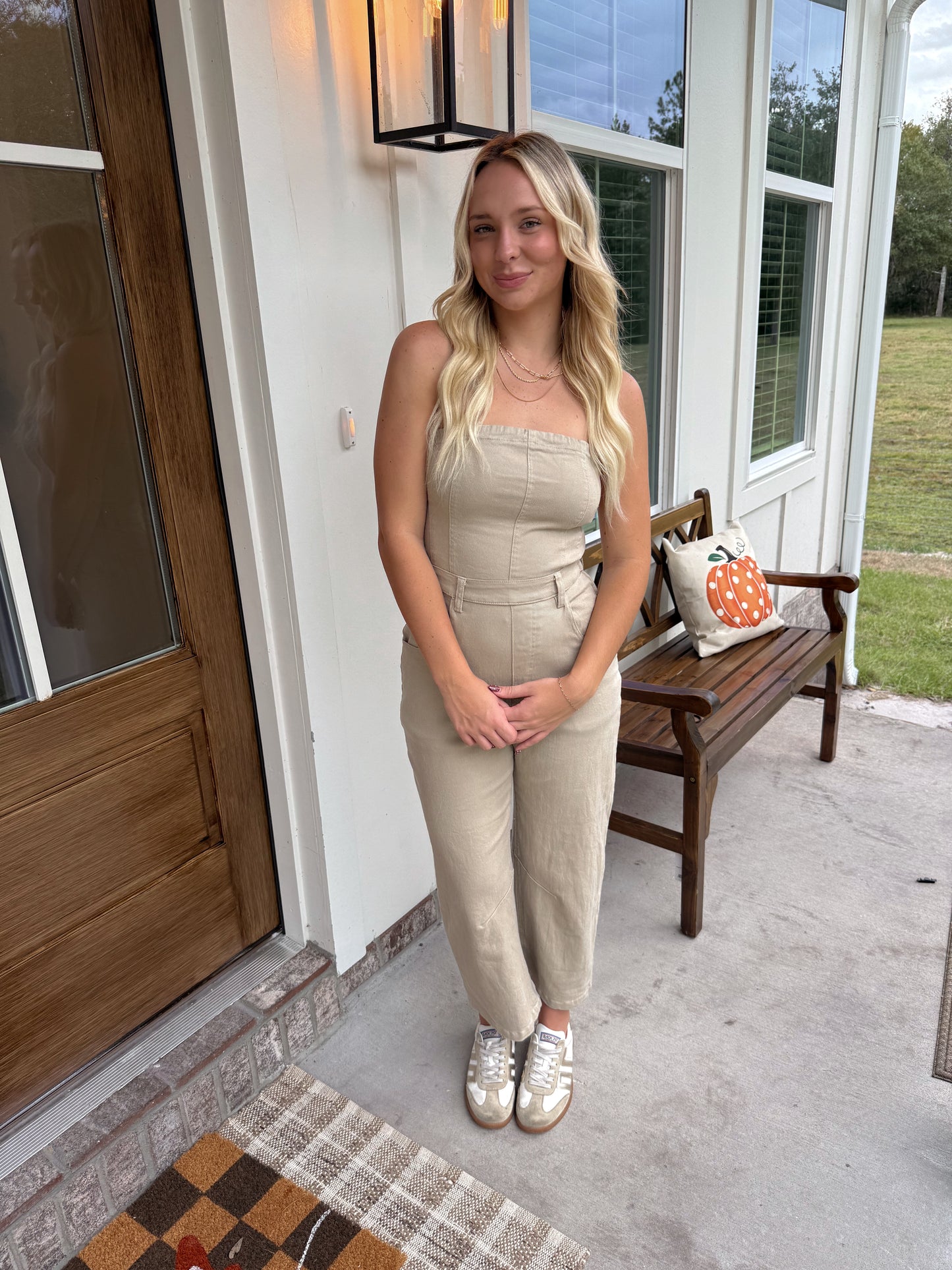 Beige Denim Barrel Jumpsuit