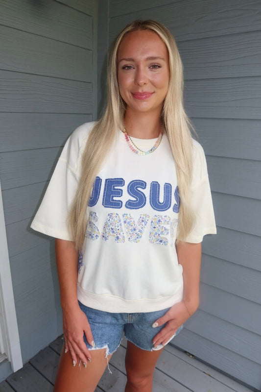 Jesus Saves Oversized Tee - Oatmeal with Blue