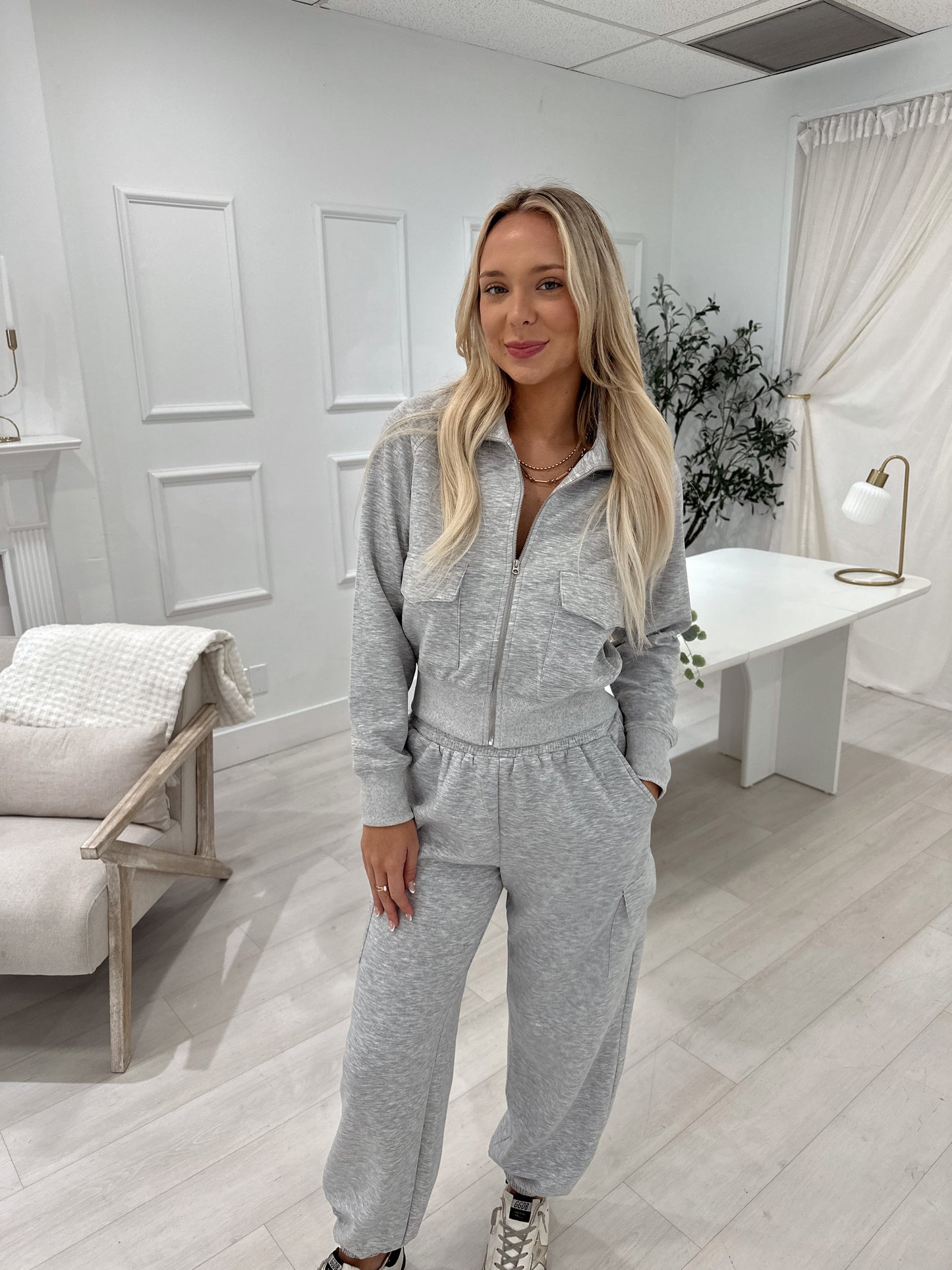 Heather Grey Zip Up & Cargo Pants Set