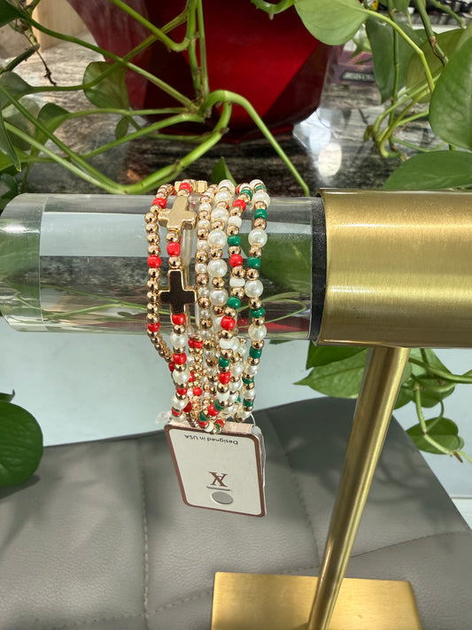 Red, Green & Pearl Stretch Bracelet