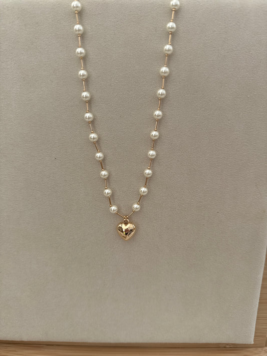 6MM Pearl Beaded Chain with Puffy Heart Necklace