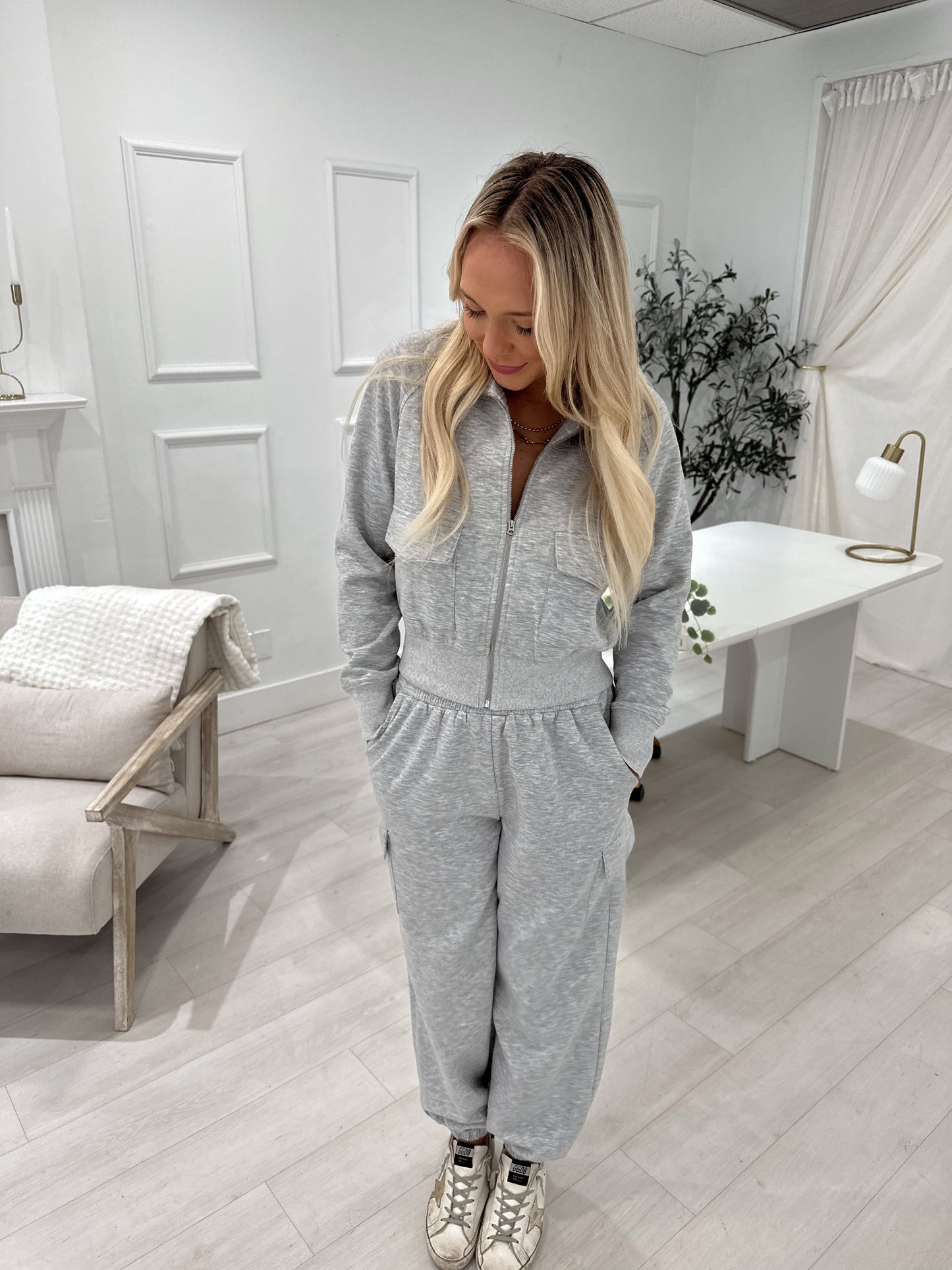 Heather Grey Zip Up & Cargo Pants Set