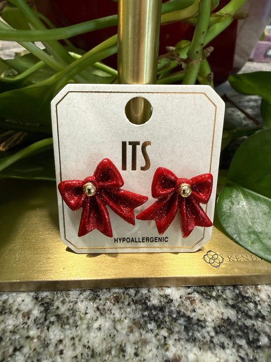 Red Glitter Bow Stud Earring