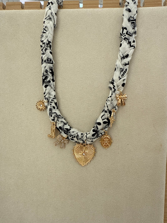 White & Black Braided Scarf Necklace With ♡, boot & bow
