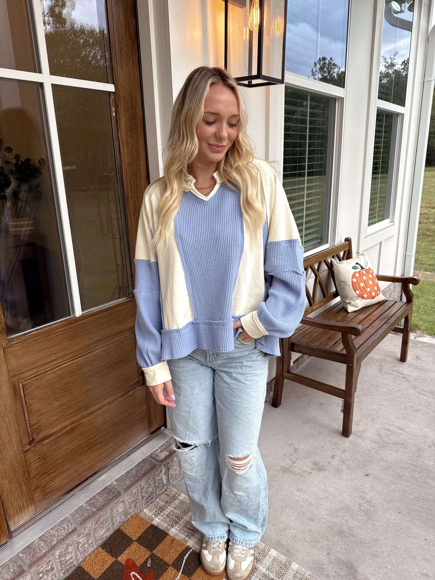Cream/Blue Notched Neck Long Sleeve Top
