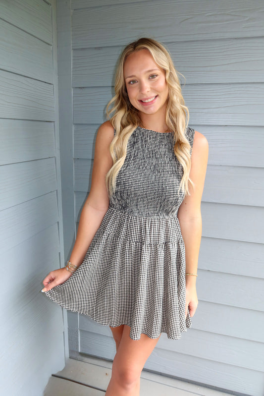 Black Gingham Smocked Dress