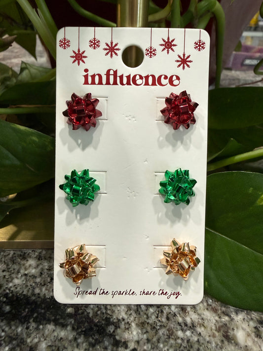 Red, Green, and Gold Set of 3 Stud Bow Earrings