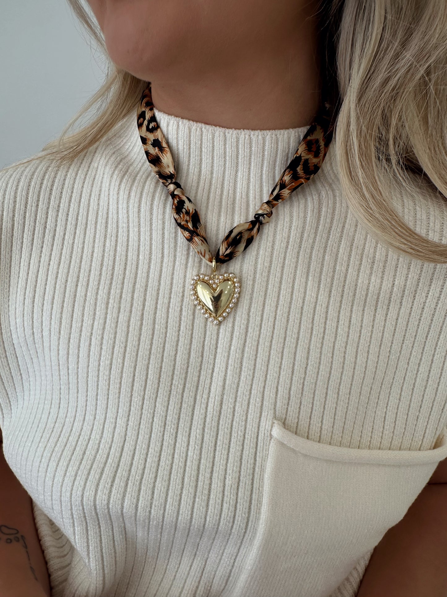 Cheetah Print Knotted Scarf Necklace with Pearl and Gold Heart Charm