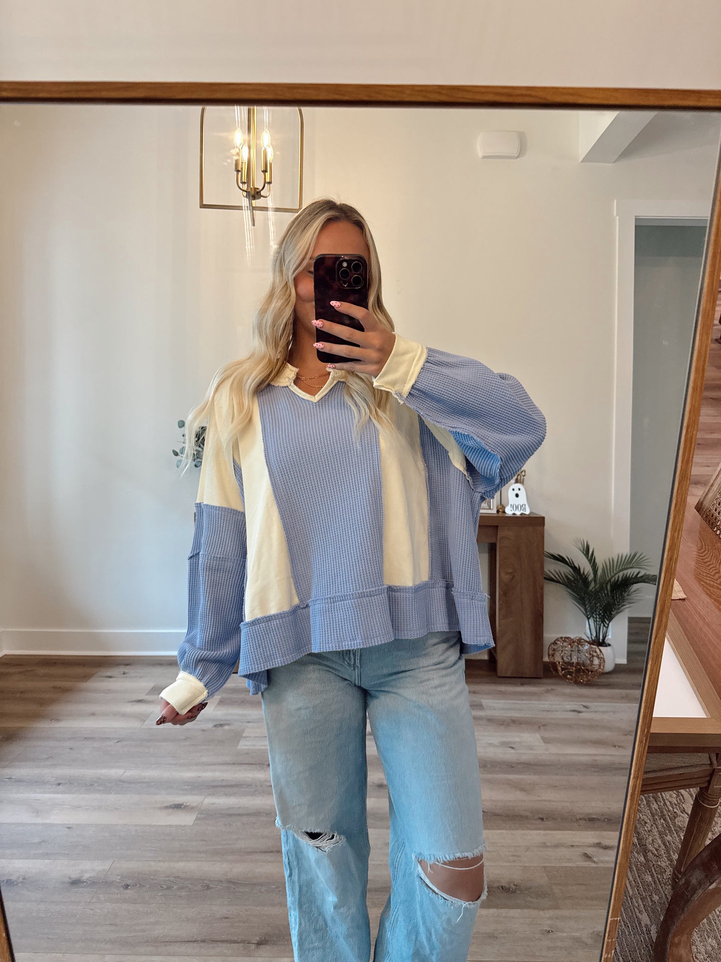 Cream/Blue Notched Neck Long Sleeve Top