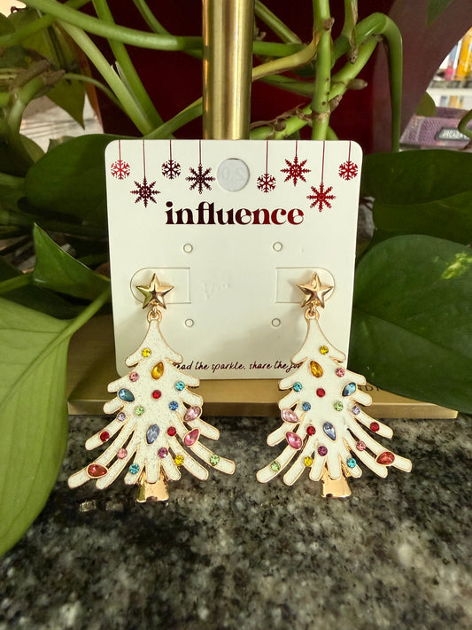 White Enamel Christmas Tree with Rhinestones Earring