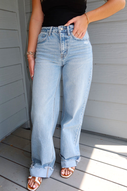 High Rise Cuffed Wide Leg Denim