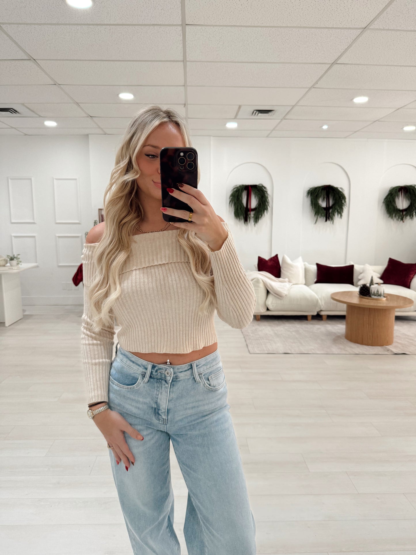 Off the Shoulder Cream Sweater Top