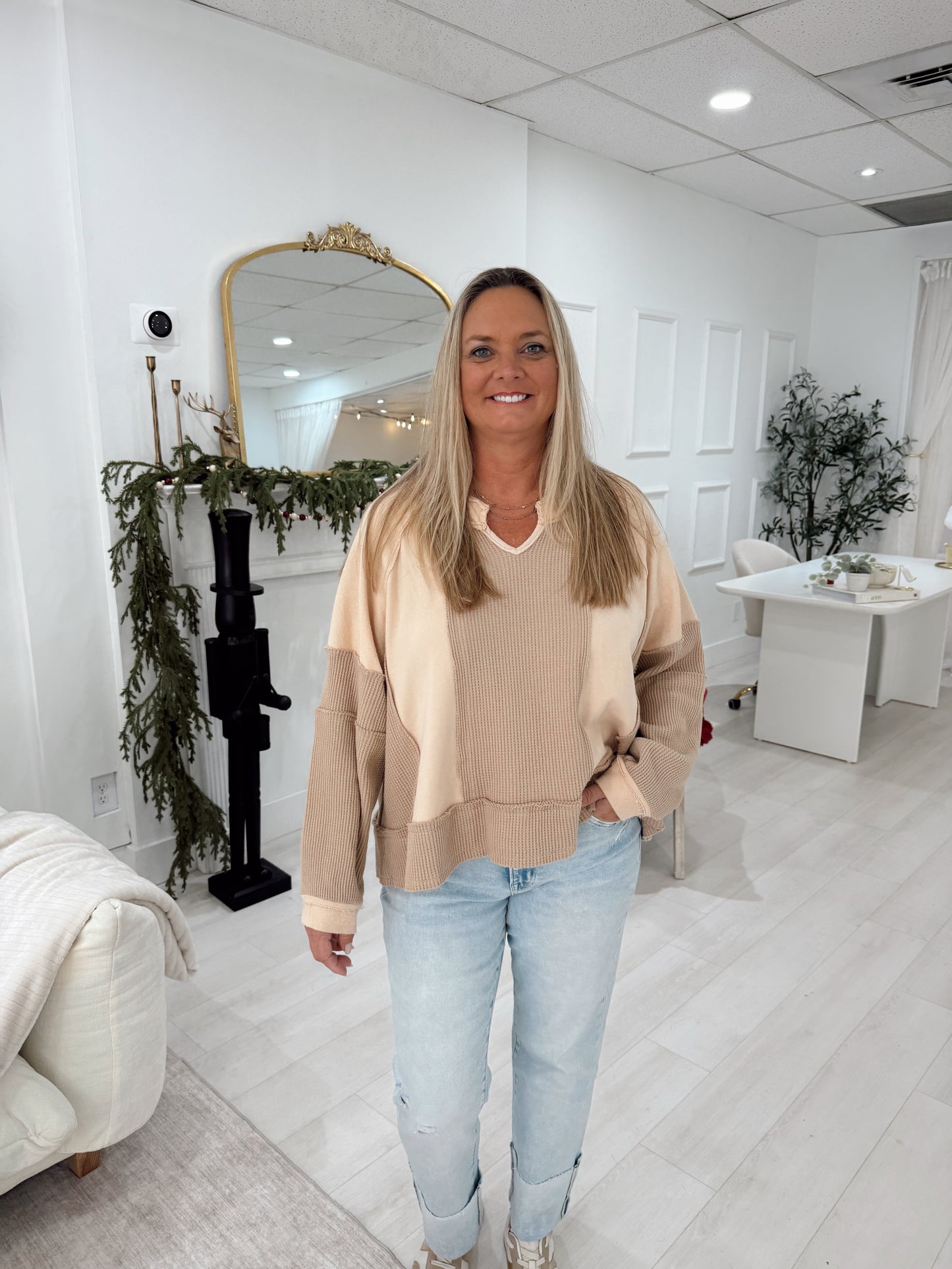 Beige Notched Neck Long Sleeve Top