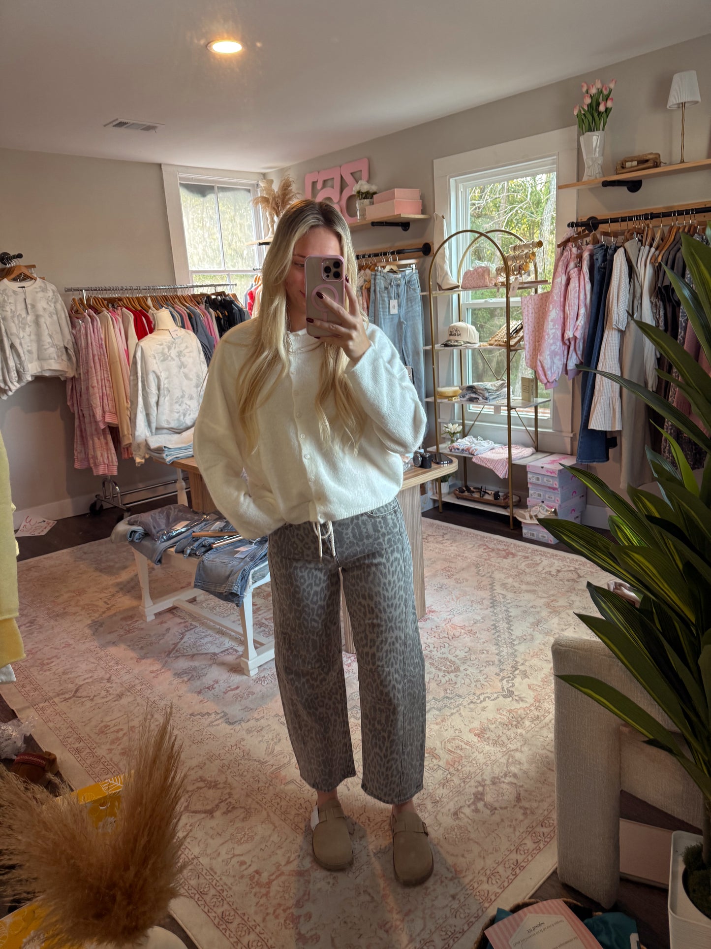 High Rise Leopard Barrel Jeans