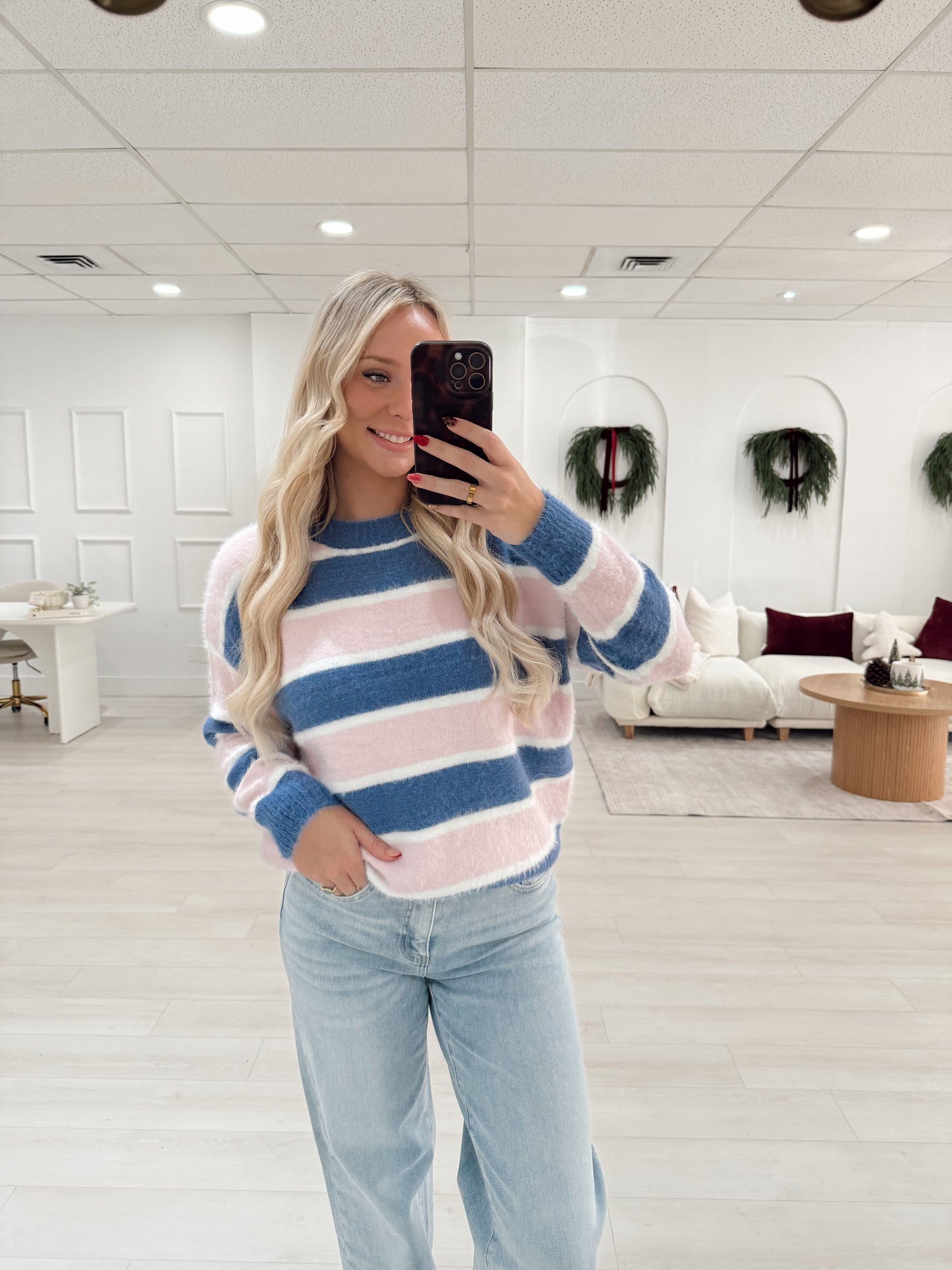 Pink/Navy Striped Fuzzy Knit Sweater