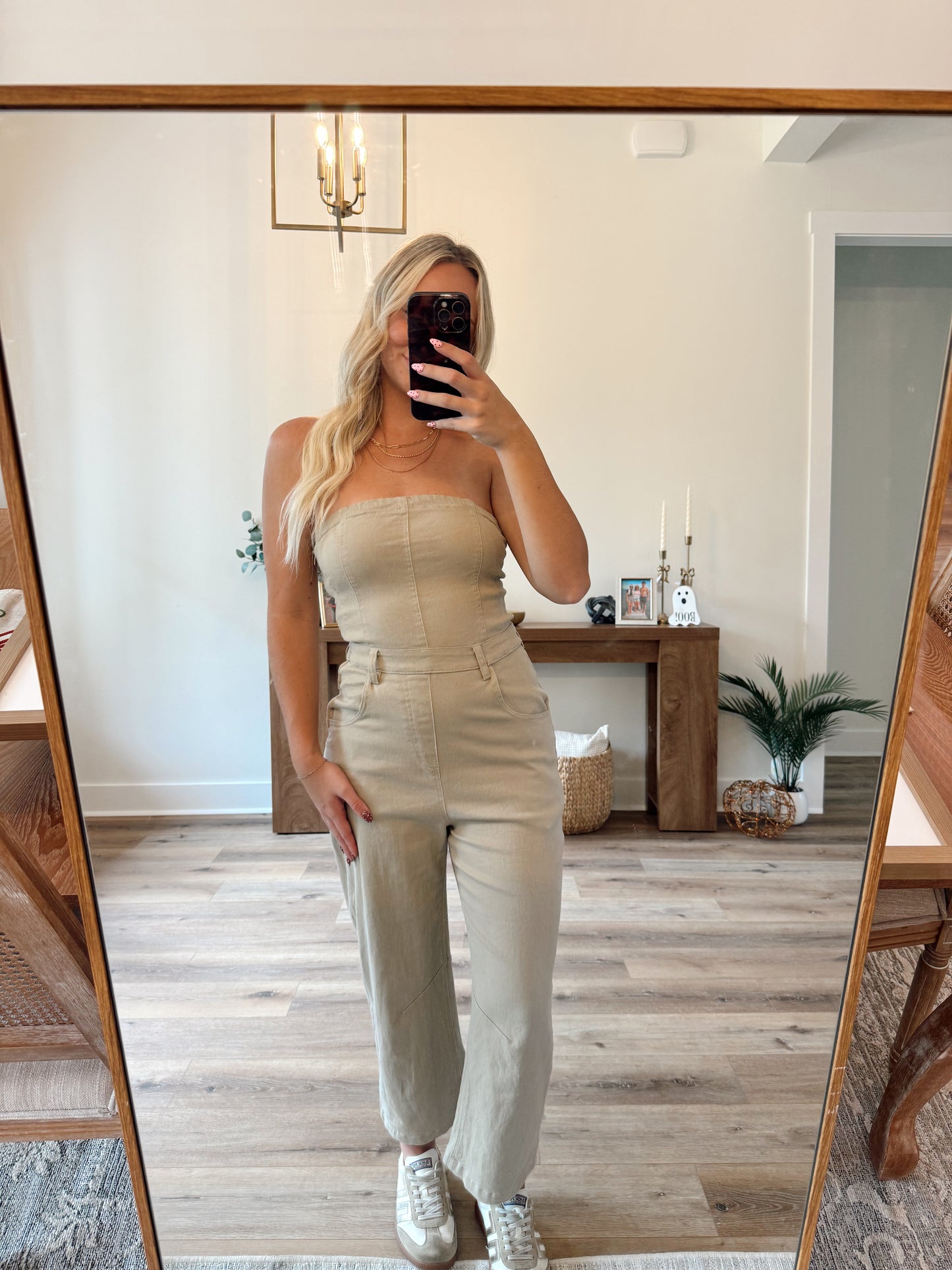 Beige Denim Barrel Jumpsuit