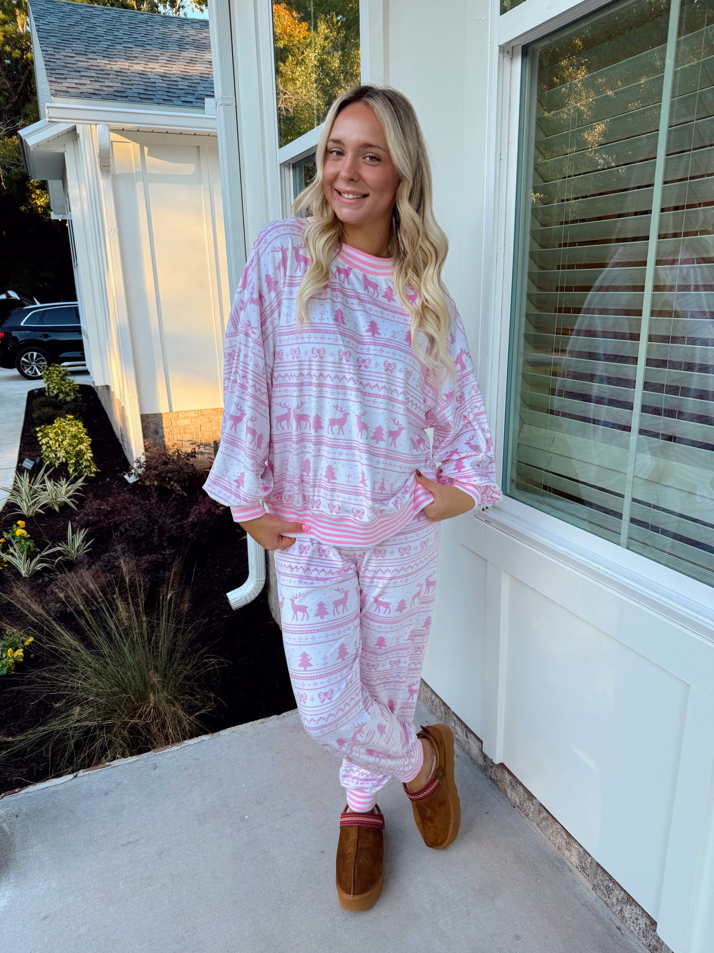 Pink Christmas Printed Loungewear Set