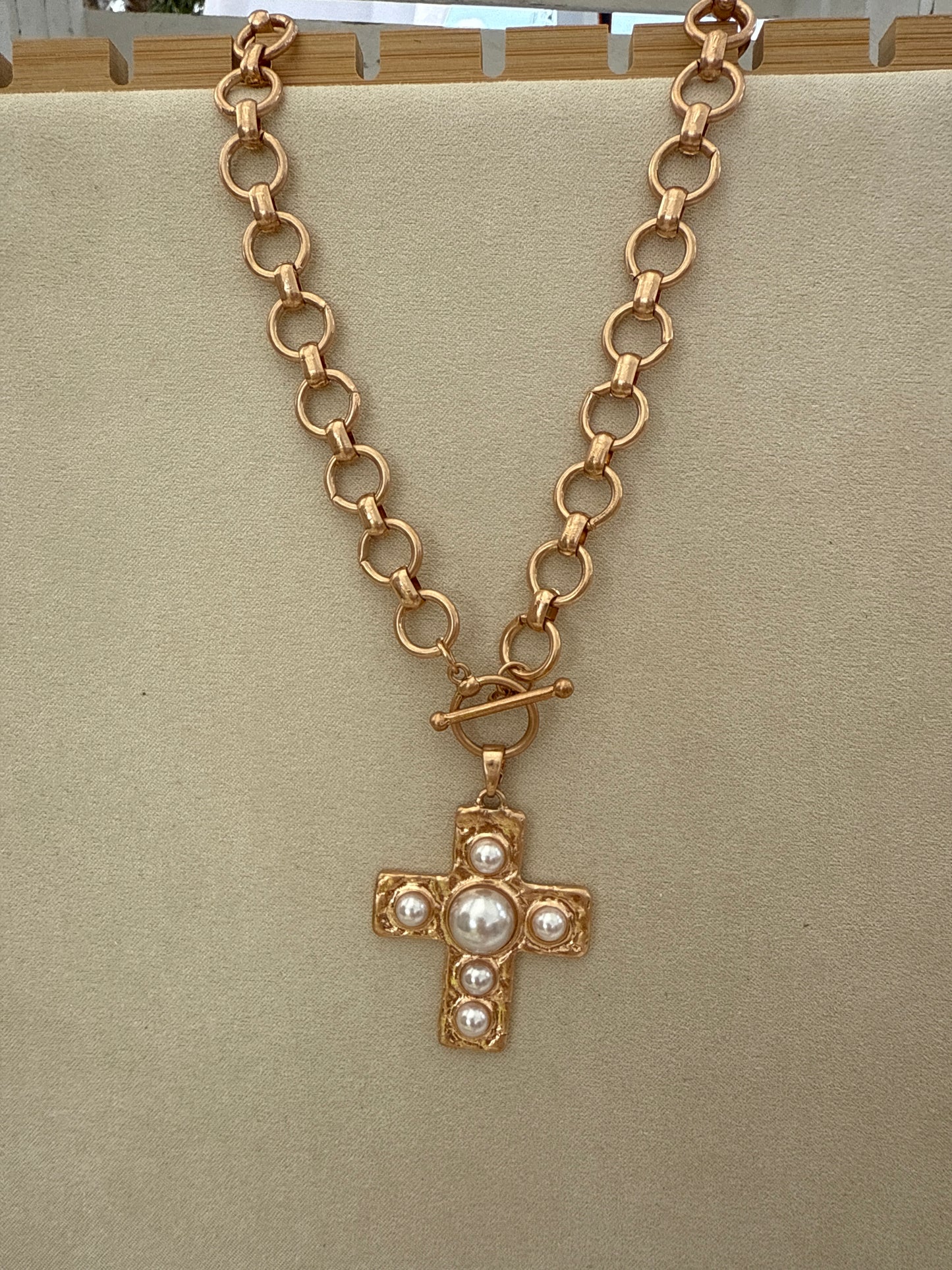 Gold Circle Chain with Cross with Pearl Accents 18" Necklace
