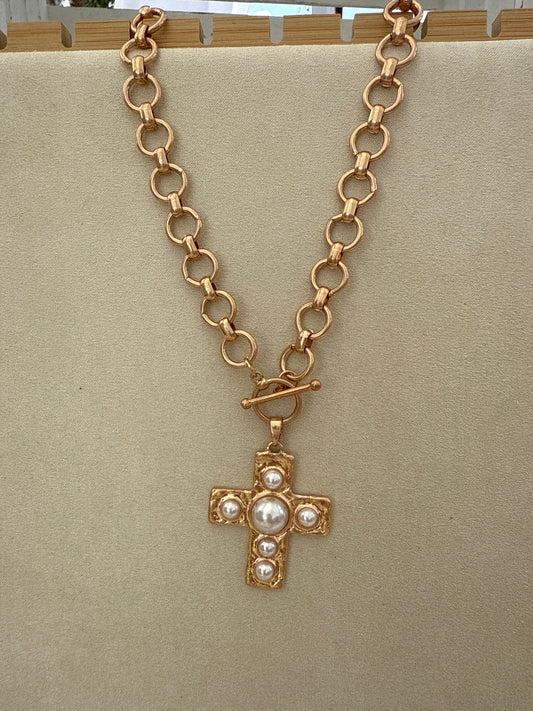 Gold Circle Chain with Cross with Pearl Accents 18" Necklace