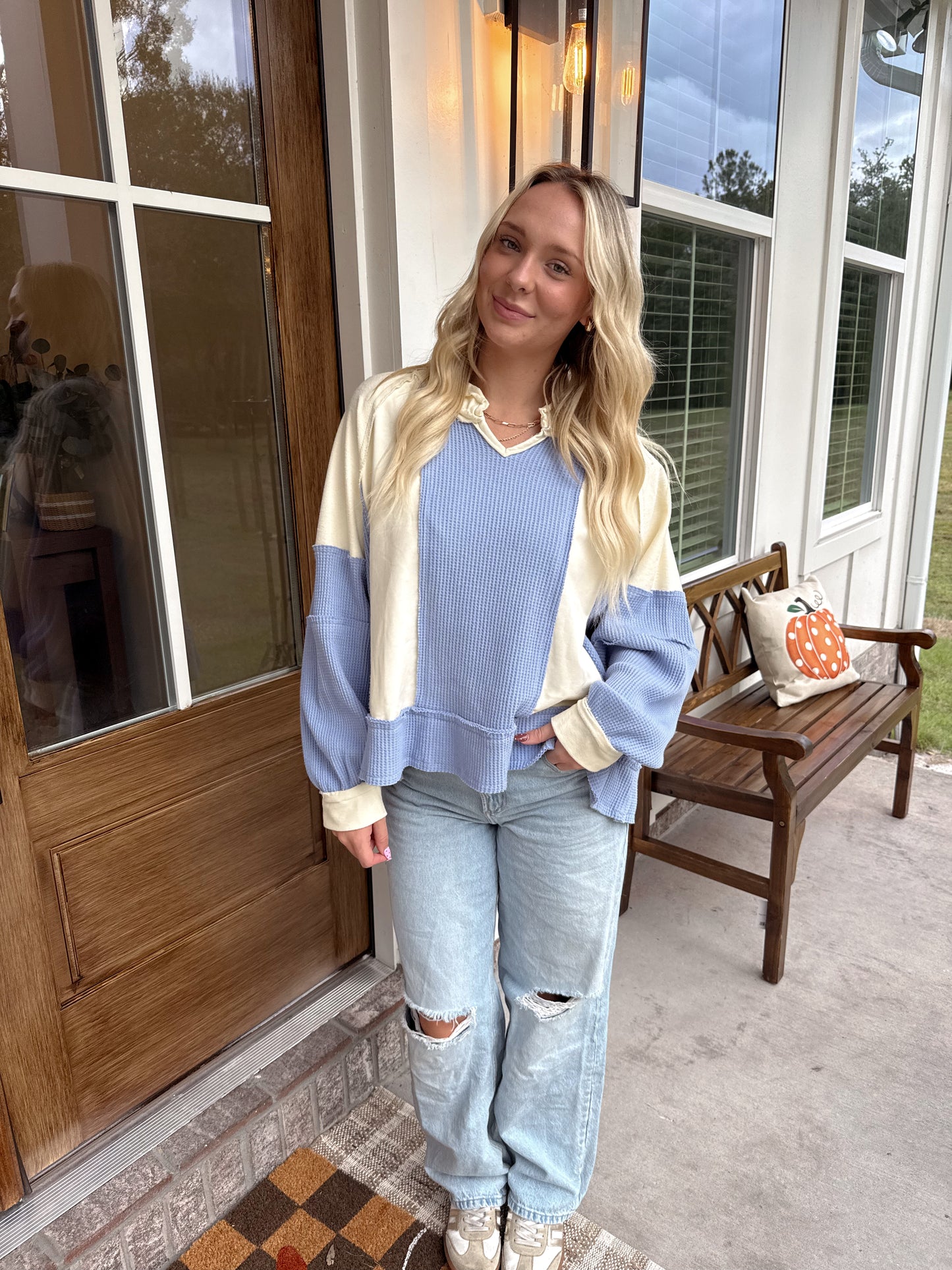 Cream/Blue Notched Neck Long Sleeve Top