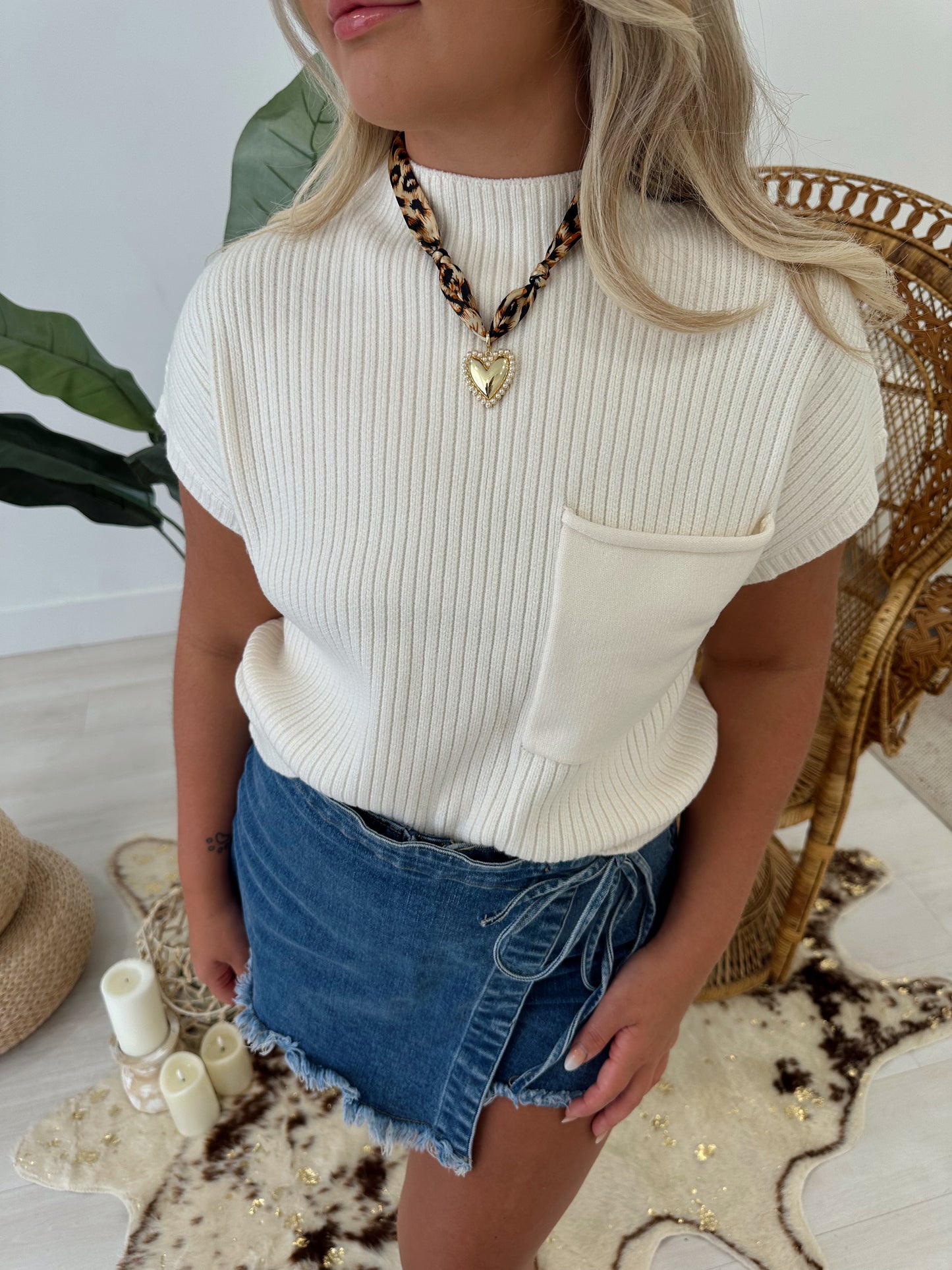 Cheetah Print Knotted Scarf Necklace with Pearl and Gold Heart Charm