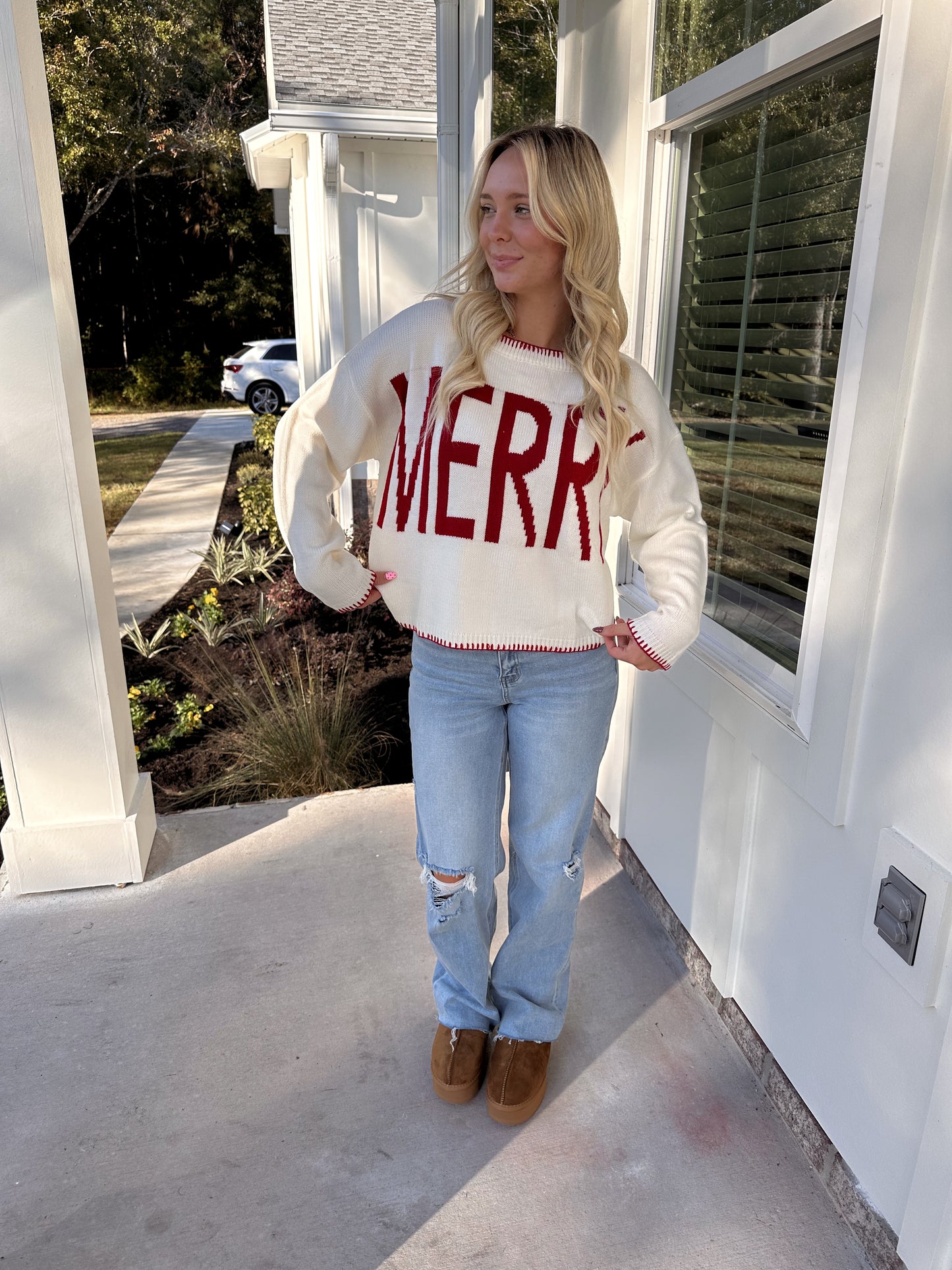 Ivory with Red Merry Stitch Sweater