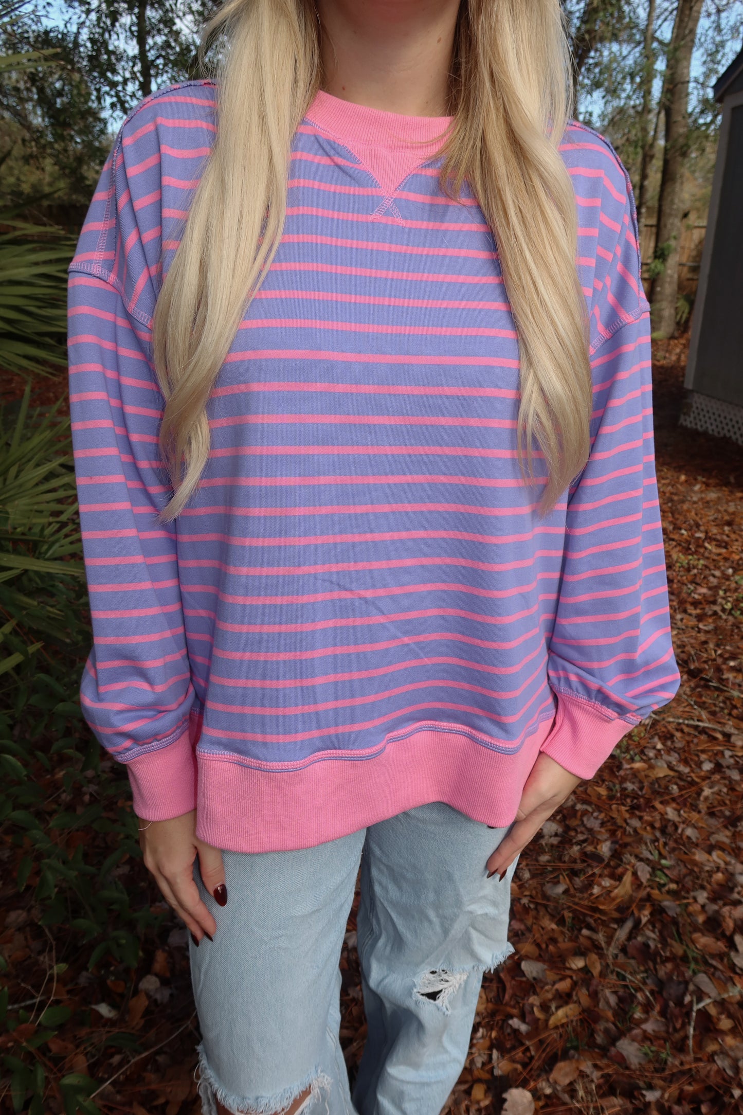 Lavender + Pink Striped Crewneck