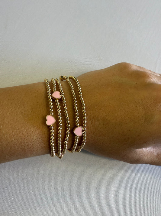 Set of 5 Pink Heart & Gold Beaded Stretch Bracelets