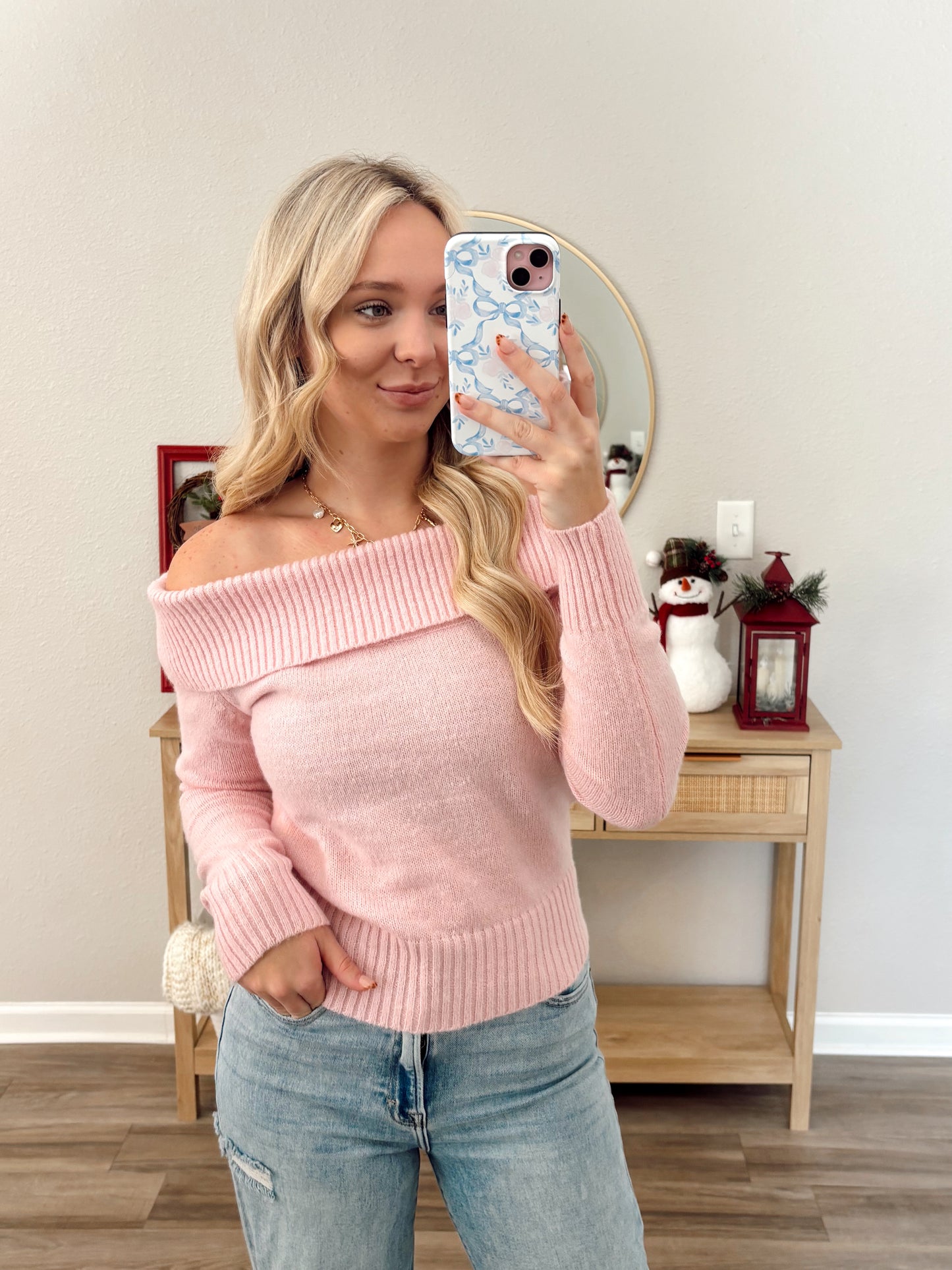 Light Pink Off the Shoulder Sweater