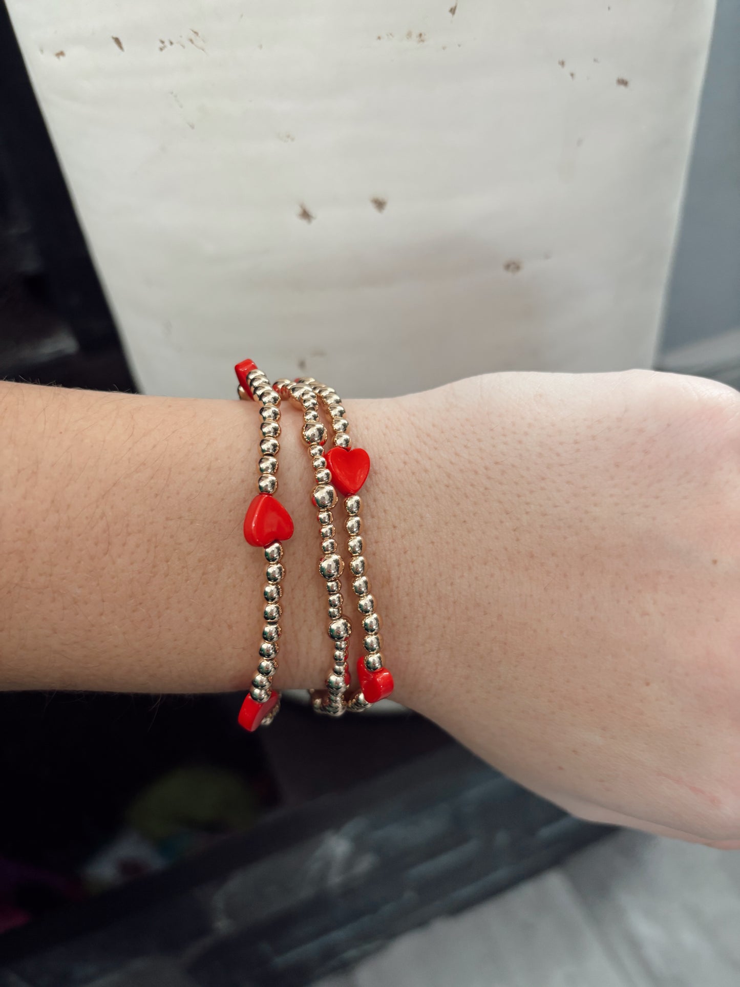 Water Resistant Gold Beaded with Red Hearts Bracelet