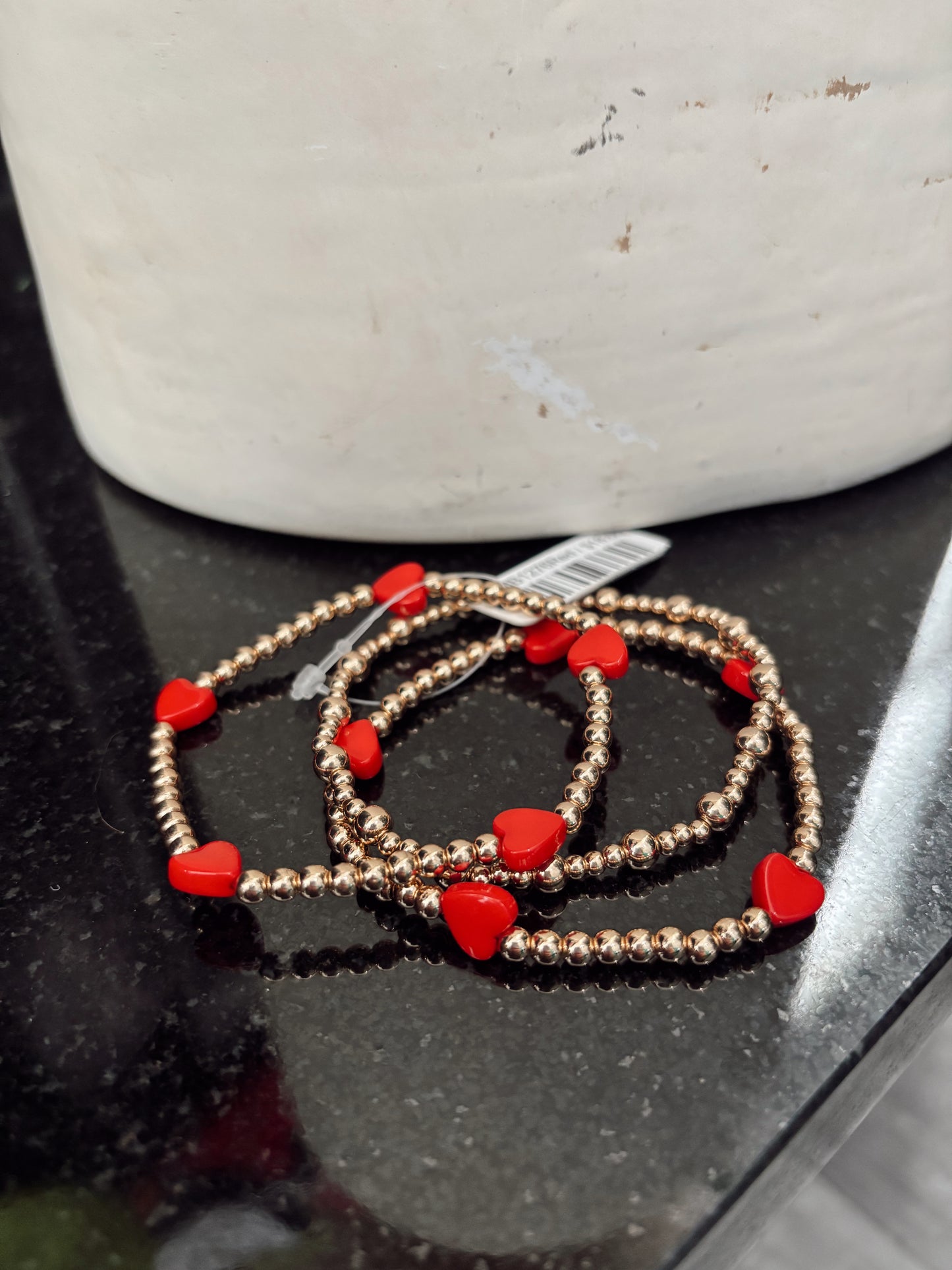 Water Resistant Gold Beaded with Red Hearts Bracelet