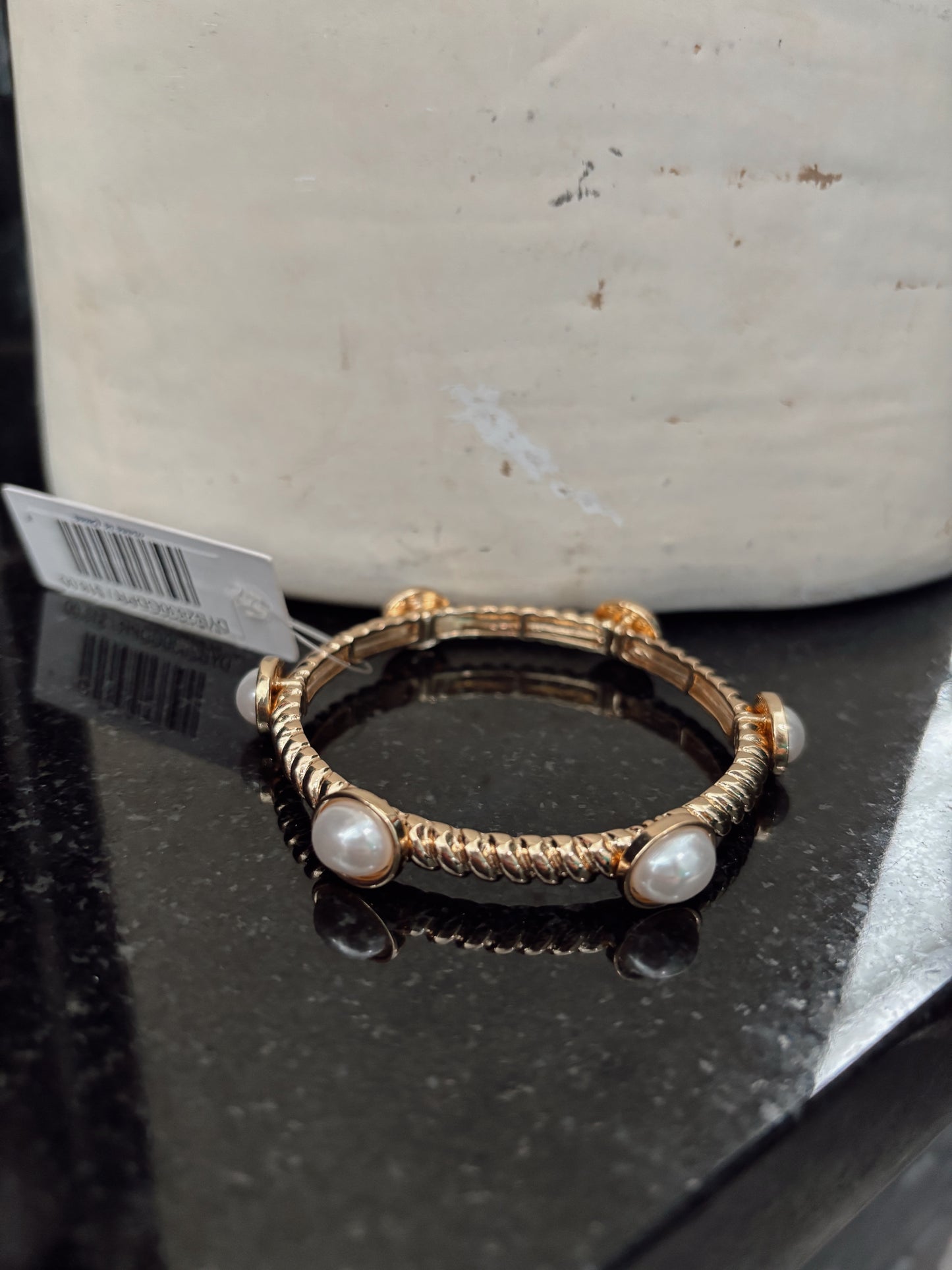 Ribbed Gold Textured & Pearl Stretch Bracelet