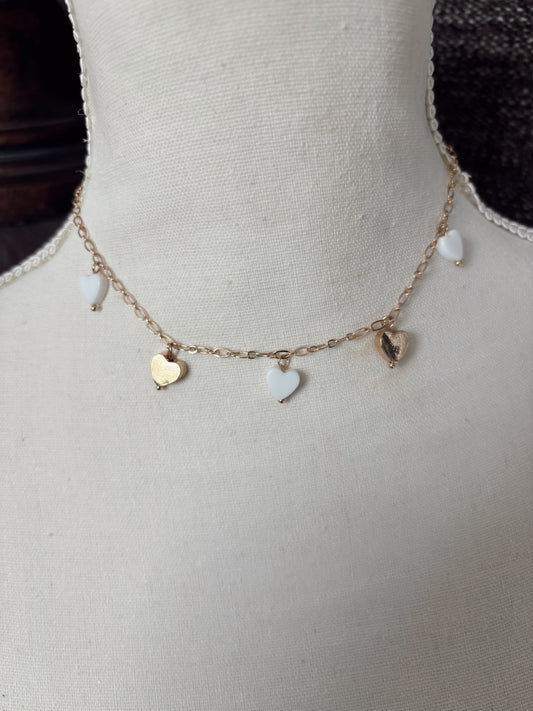 Water Resistant White & Gold Heart Charm Neckace