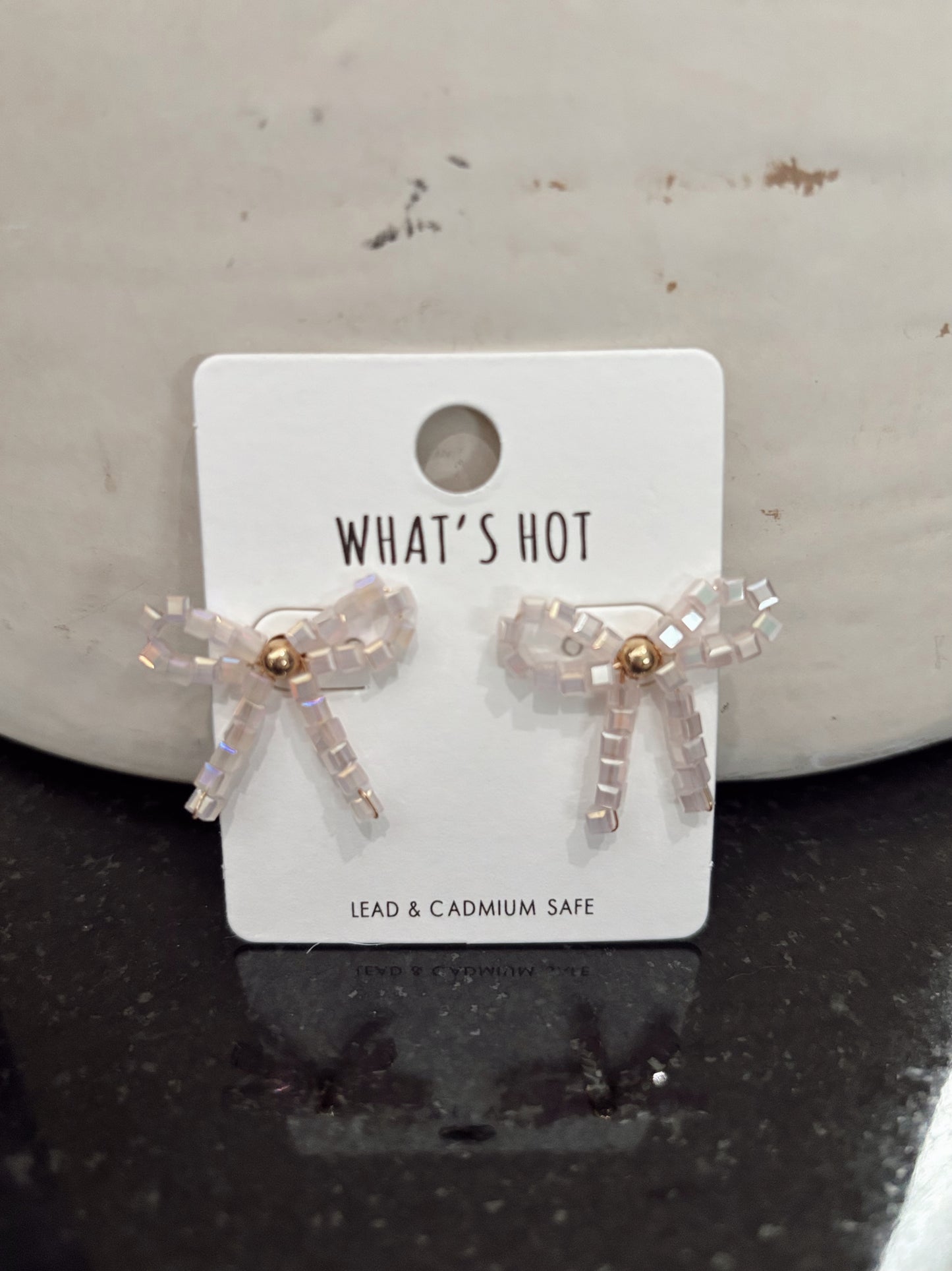 Pink Squared Crystal Bow Stud Earrings