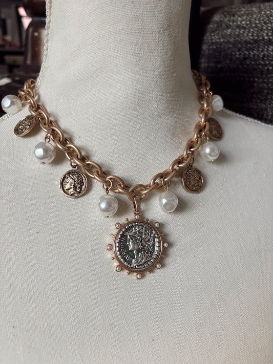 Gold Chain with Pearls & Coins Charm Necklace