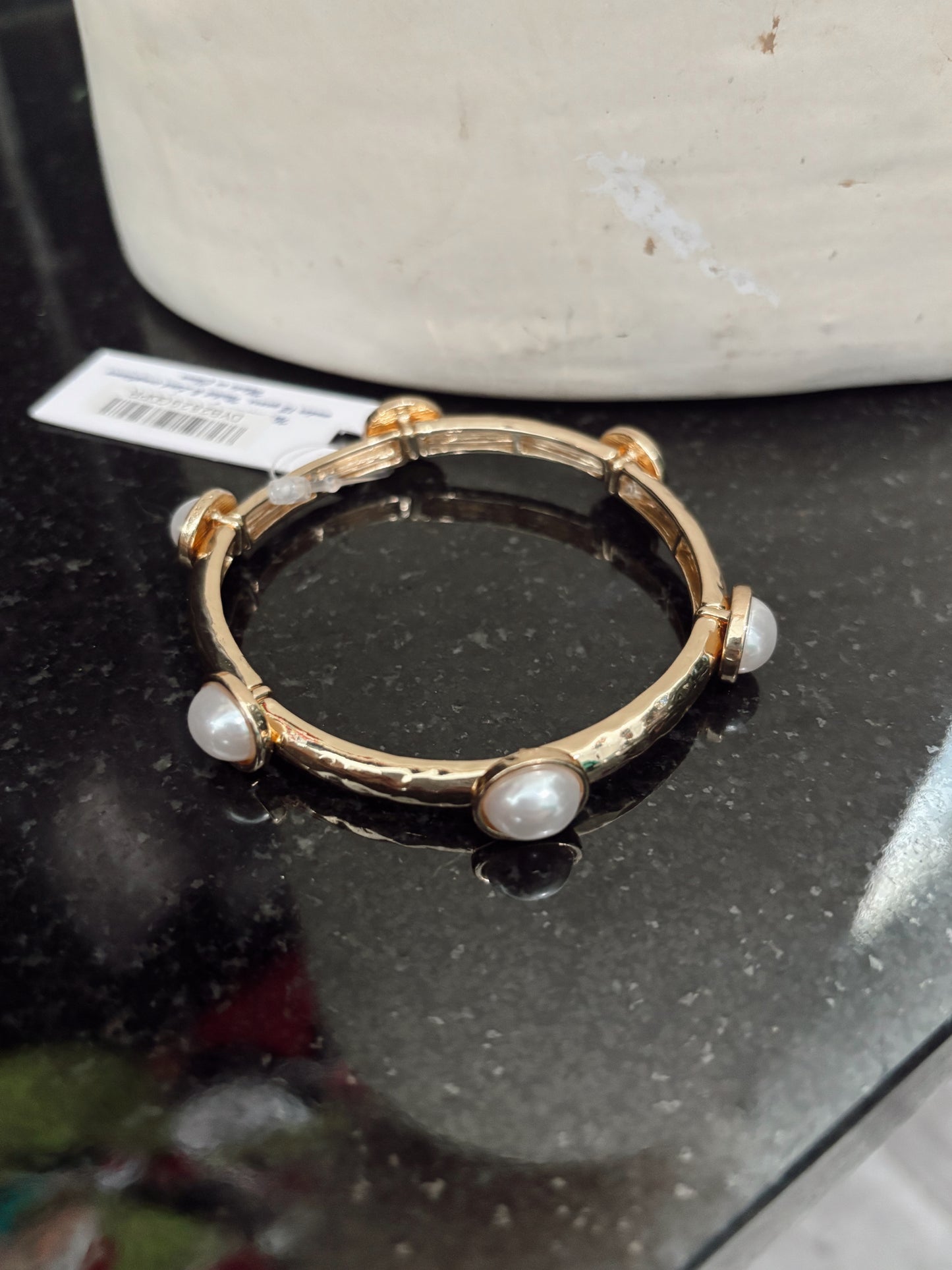 Gold Hammered Stretch Bracelet with Pearl Oval Accents