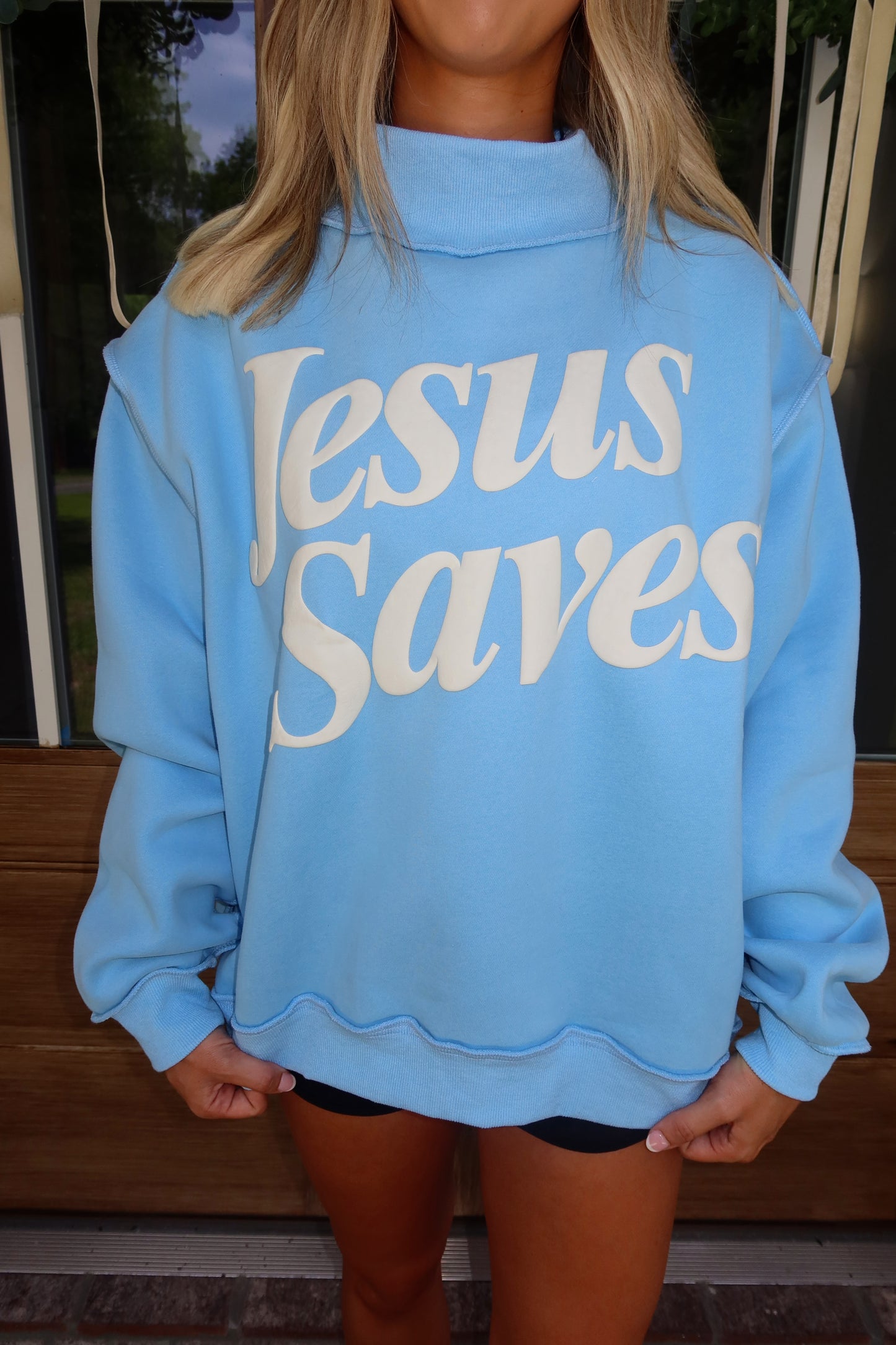 Blue JESUS SAVES Mockneck