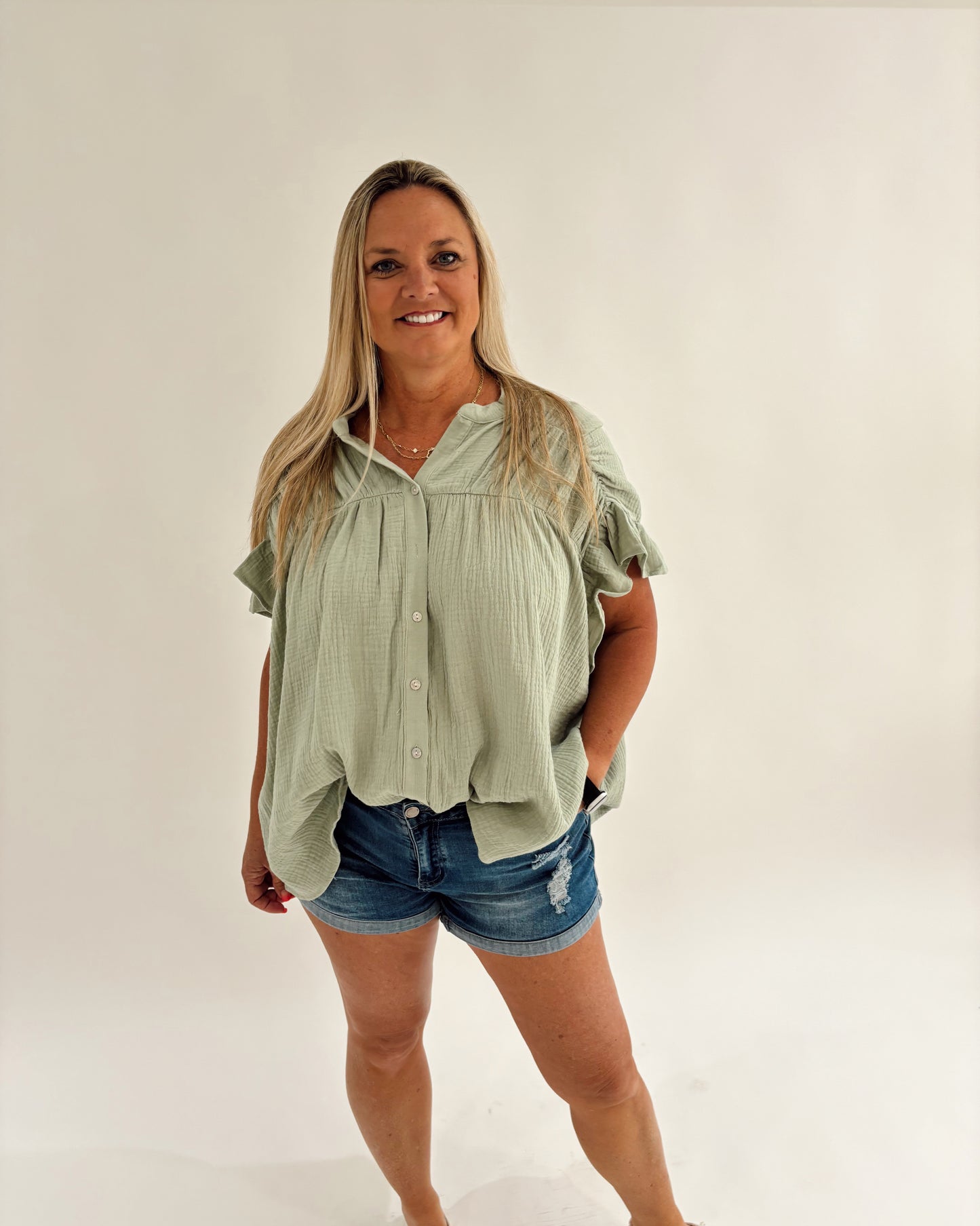 Light Sage Button Up Top