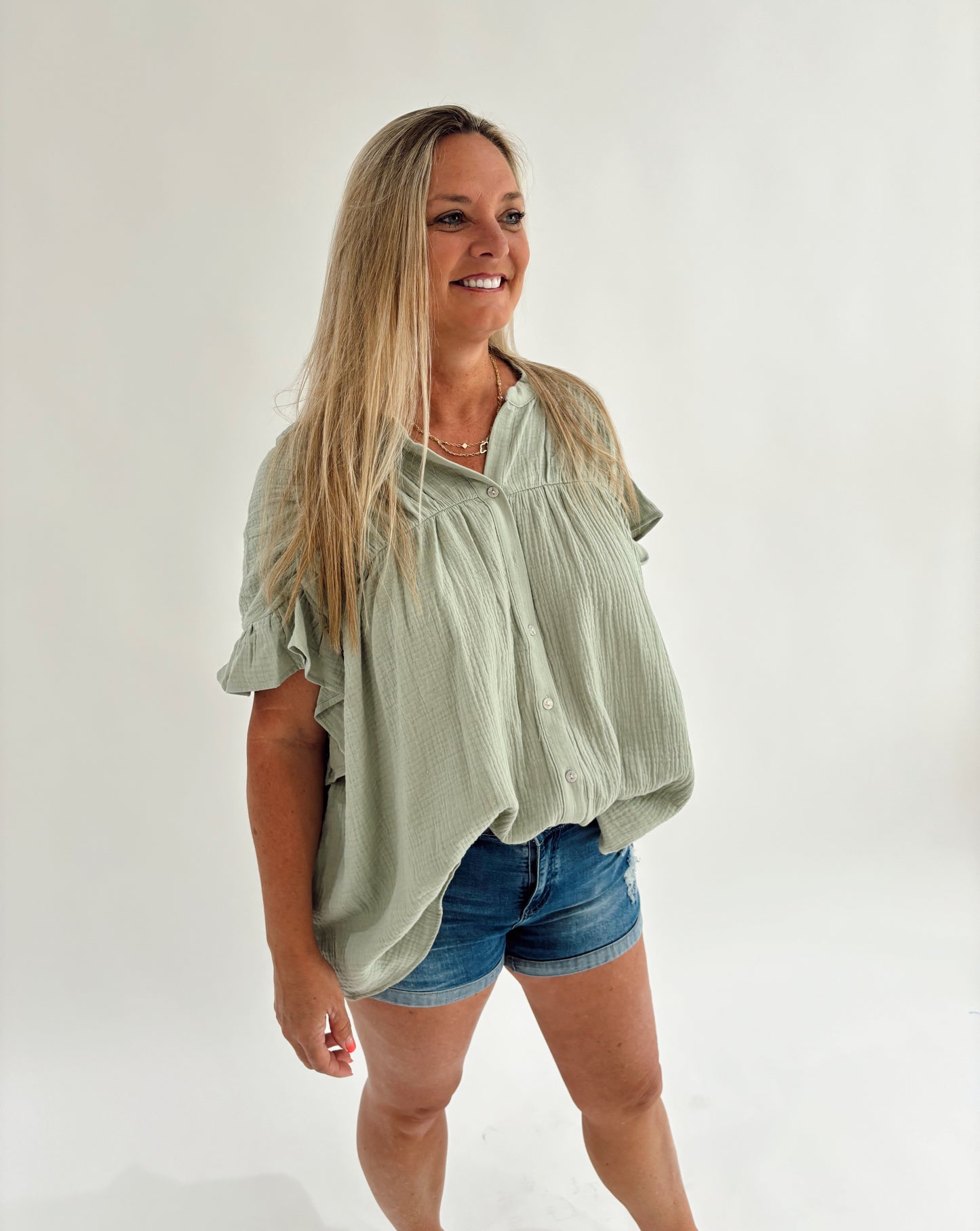 Light Sage Button Up Top