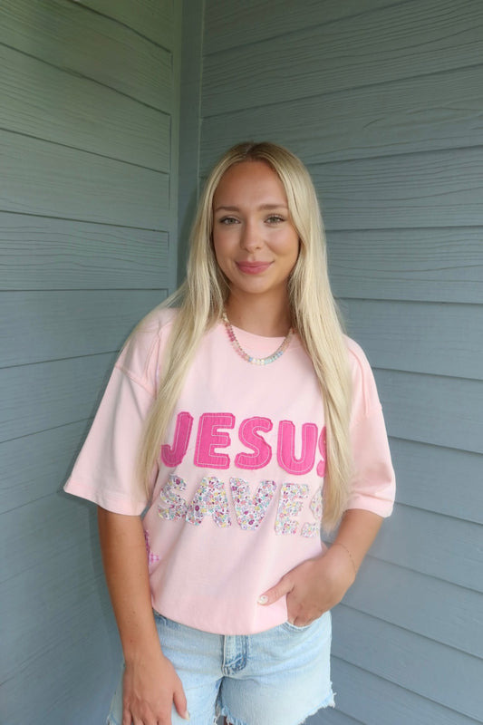 Jesus Saves Oversized Tee - Pink