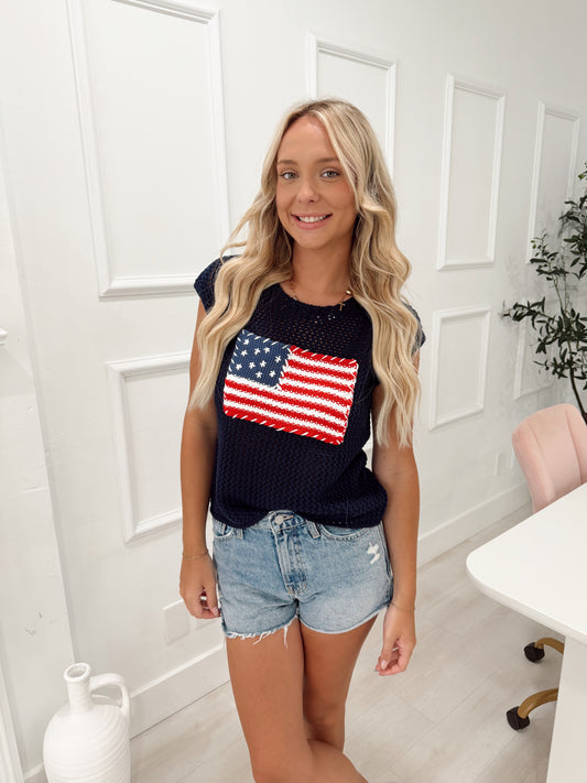 Navy American Flag Knit Top
